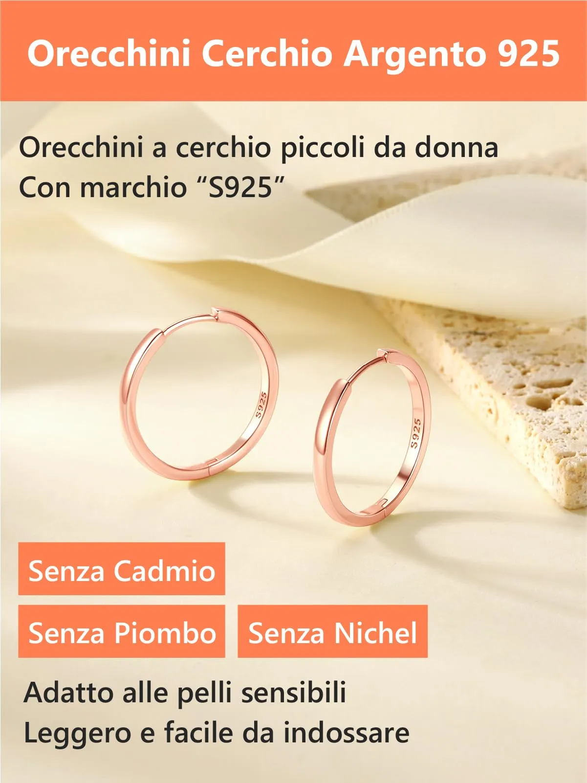 Silvora Orecchini a Cerchio in Argento 925 Oro Rosa, 20mm - immagine 6