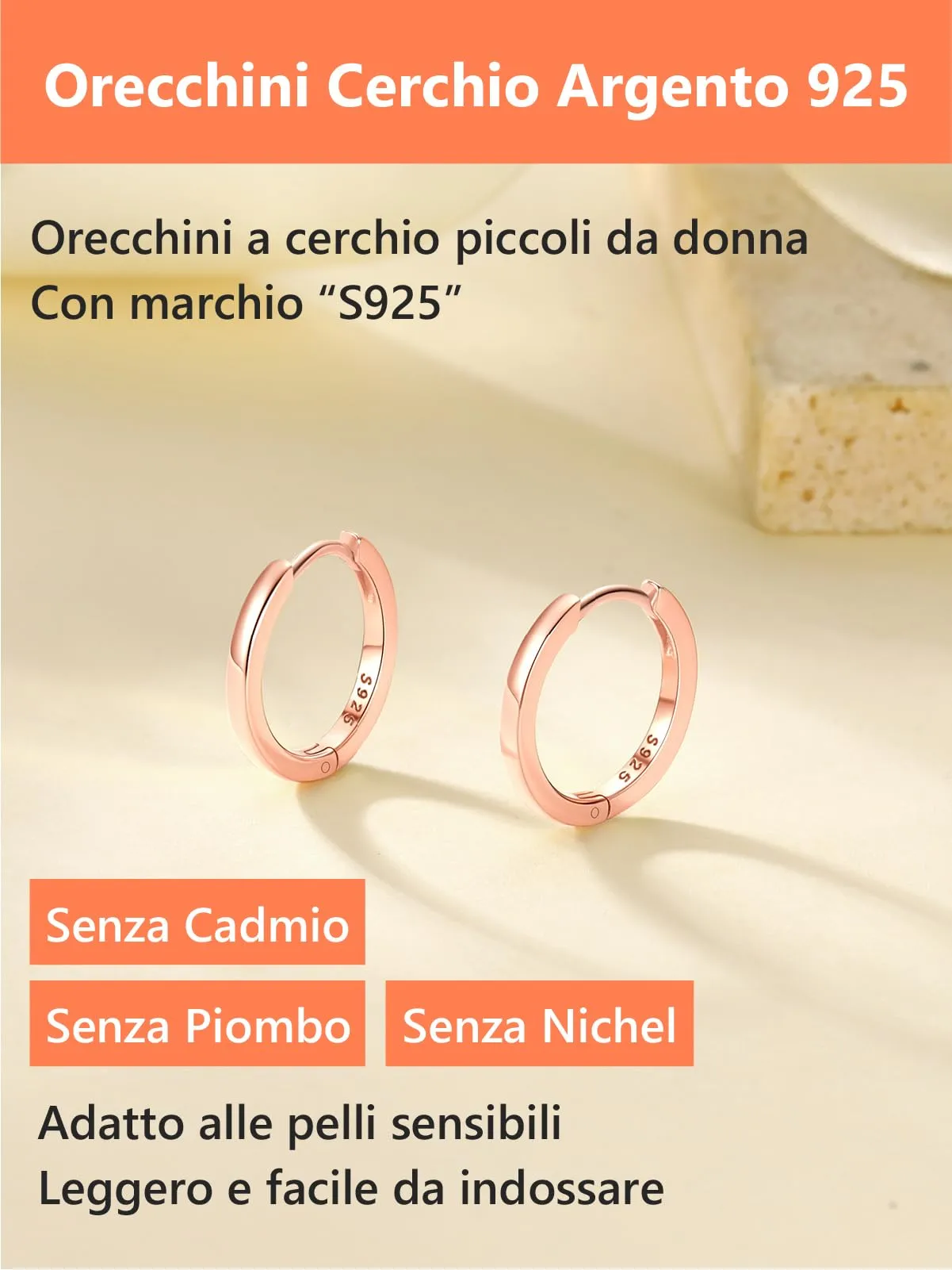 Silvora Orecchini a Cerchio in Argento 925 Oro Rosa, 12mm - immagine 6