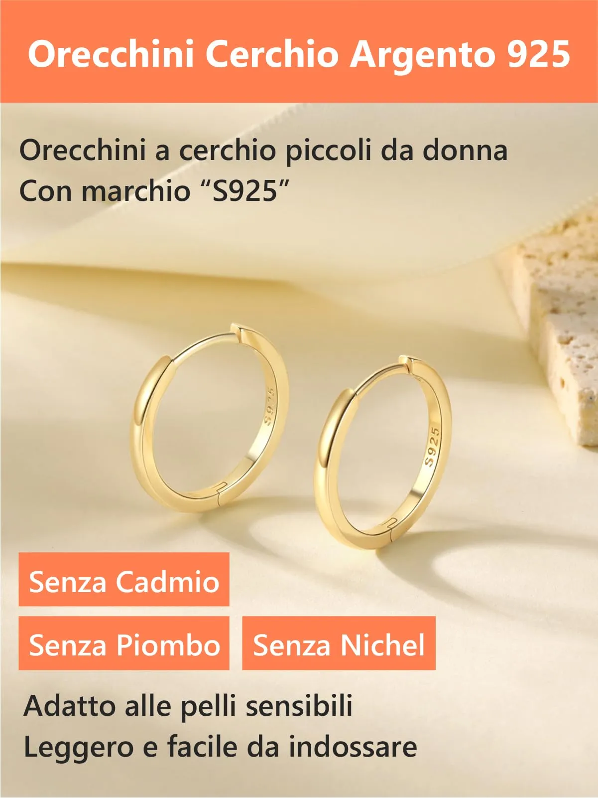 Silvora Orecchini a Cerchio in Argento 925 Dorati, 18mm - immagine 6