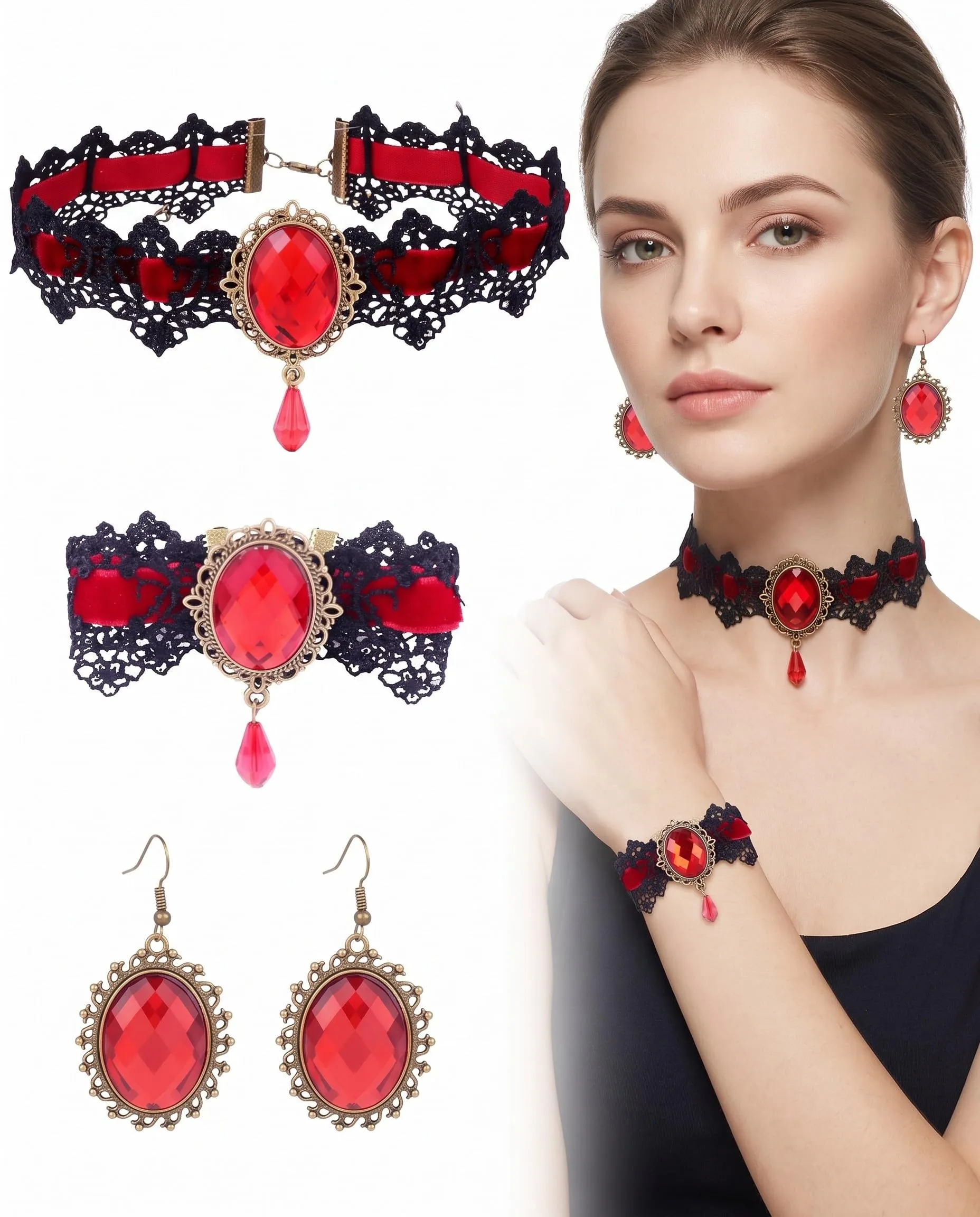 LEPJOS Set Gioielli Gotici 3 Pezzi Collana Choker, Orecchini e Bracciale in Velluto e Pizzo Regolabile Ipoallergenico - immagine 1