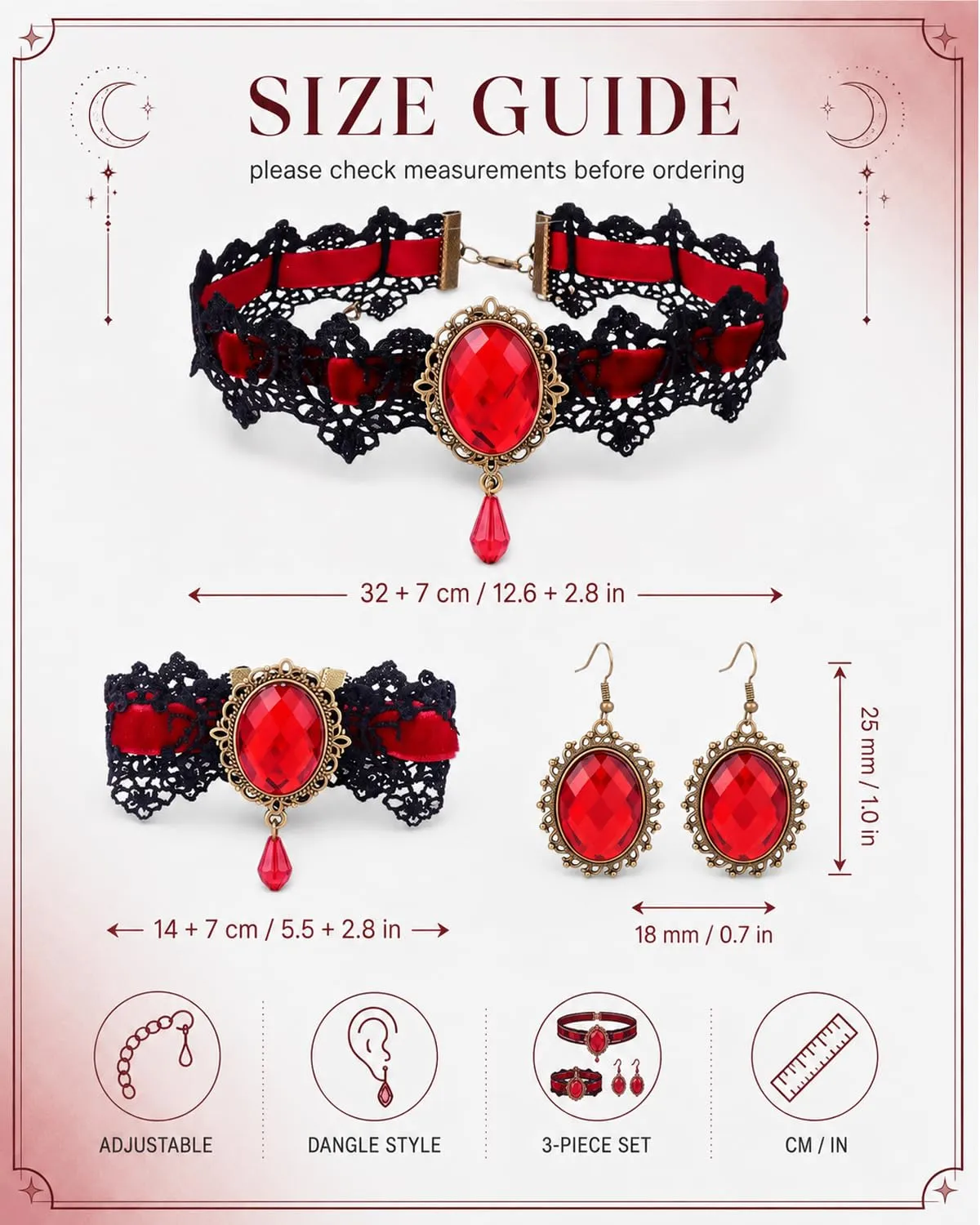LEPJOS Set Gioielli Gotici 3 Pezzi Collana Choker, Orecchini e Bracciale in Velluto e Pizzo Regolabile Ipoallergenico - immagine 2