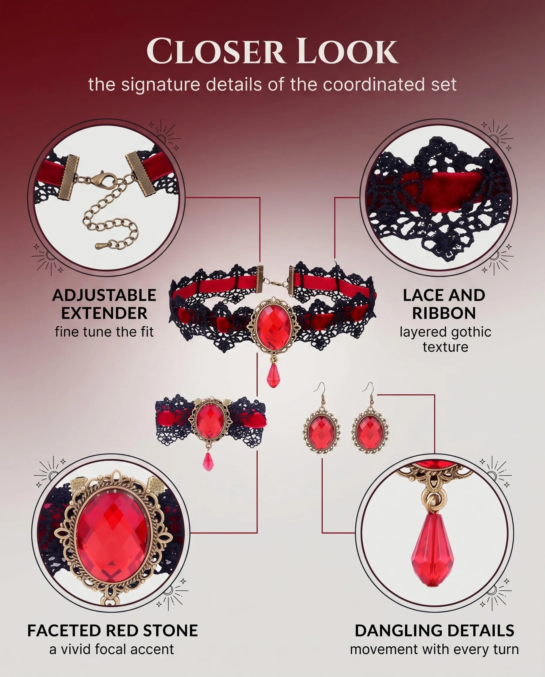 LEPJOS Set Gioielli Gotici 3 Pezzi Collana Choker, Orecchini e Bracciale in Velluto e Pizzo Regolabile Ipoallergenico - immagine 3