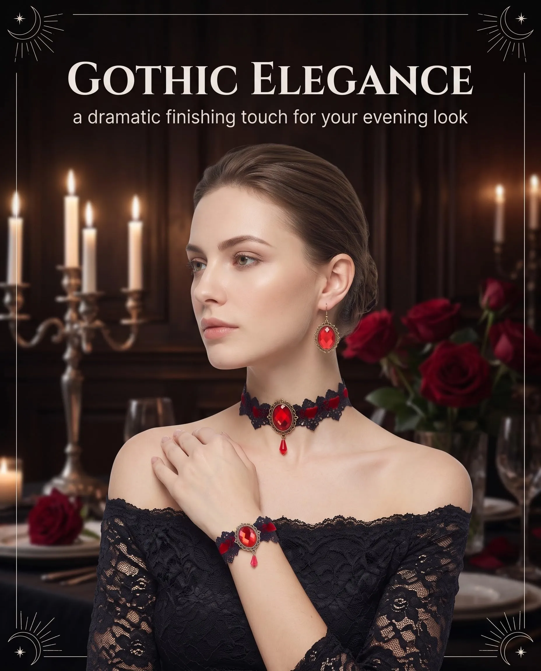 LEPJOS Set Gioielli Gotici 3 Pezzi Collana Choker, Orecchini e Bracciale in Velluto e Pizzo Regolabile Ipoallergenico - immagine 5
