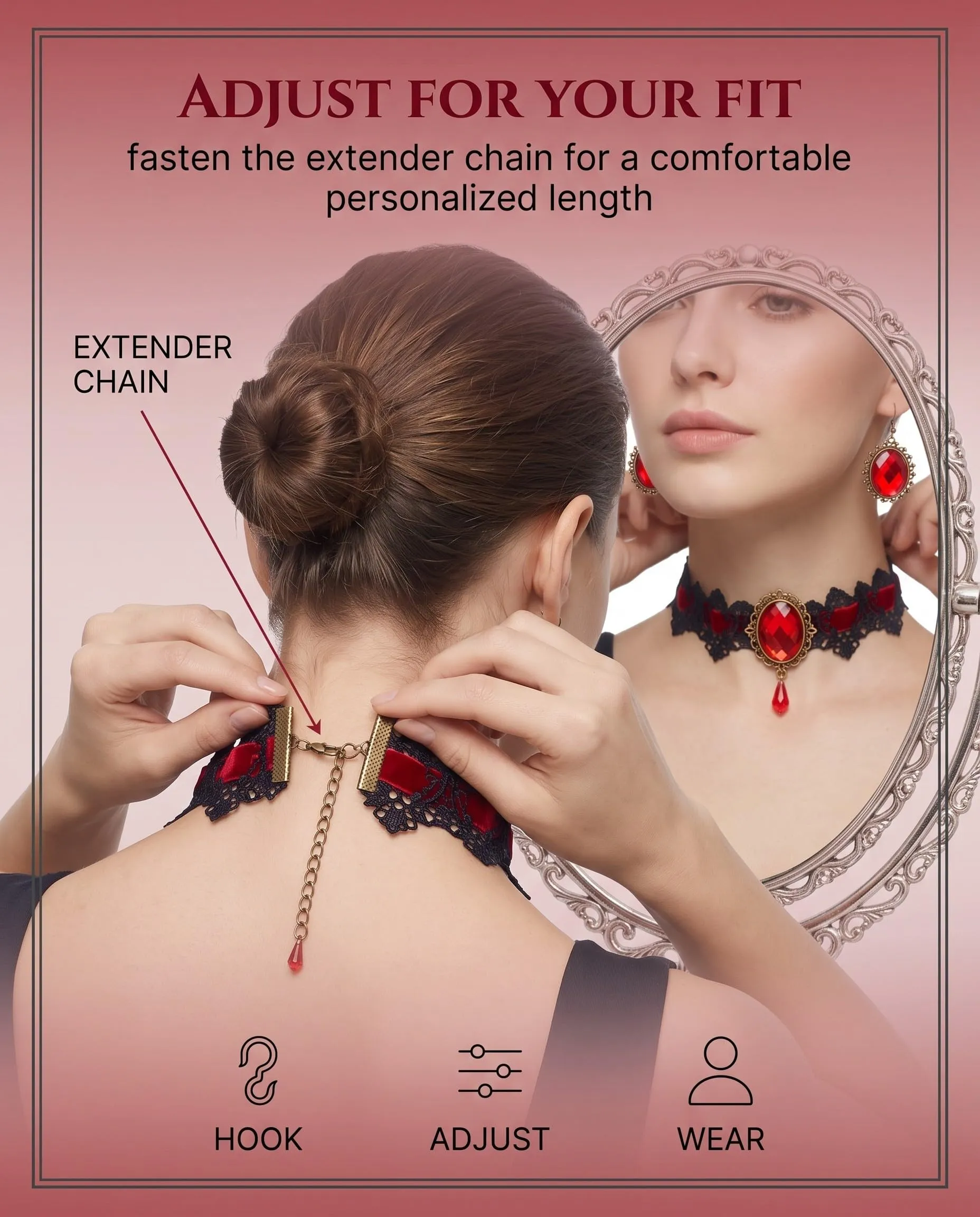 LEPJOS Set Gioielli Gotici 3 Pezzi Collana Choker, Orecchini e Bracciale in Velluto e Pizzo Regolabile Ipoallergenico - immagine 6