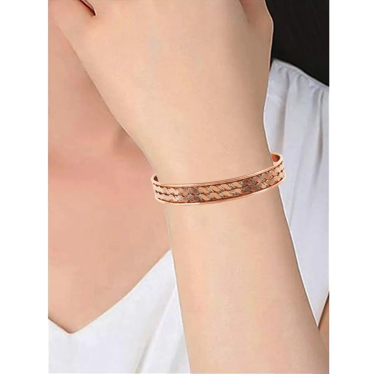 Touchstone Braccialetto Magnetico in Rame Forgiato a Mano Stile Tibetano Intrecciato Tre Toni - immagine 2