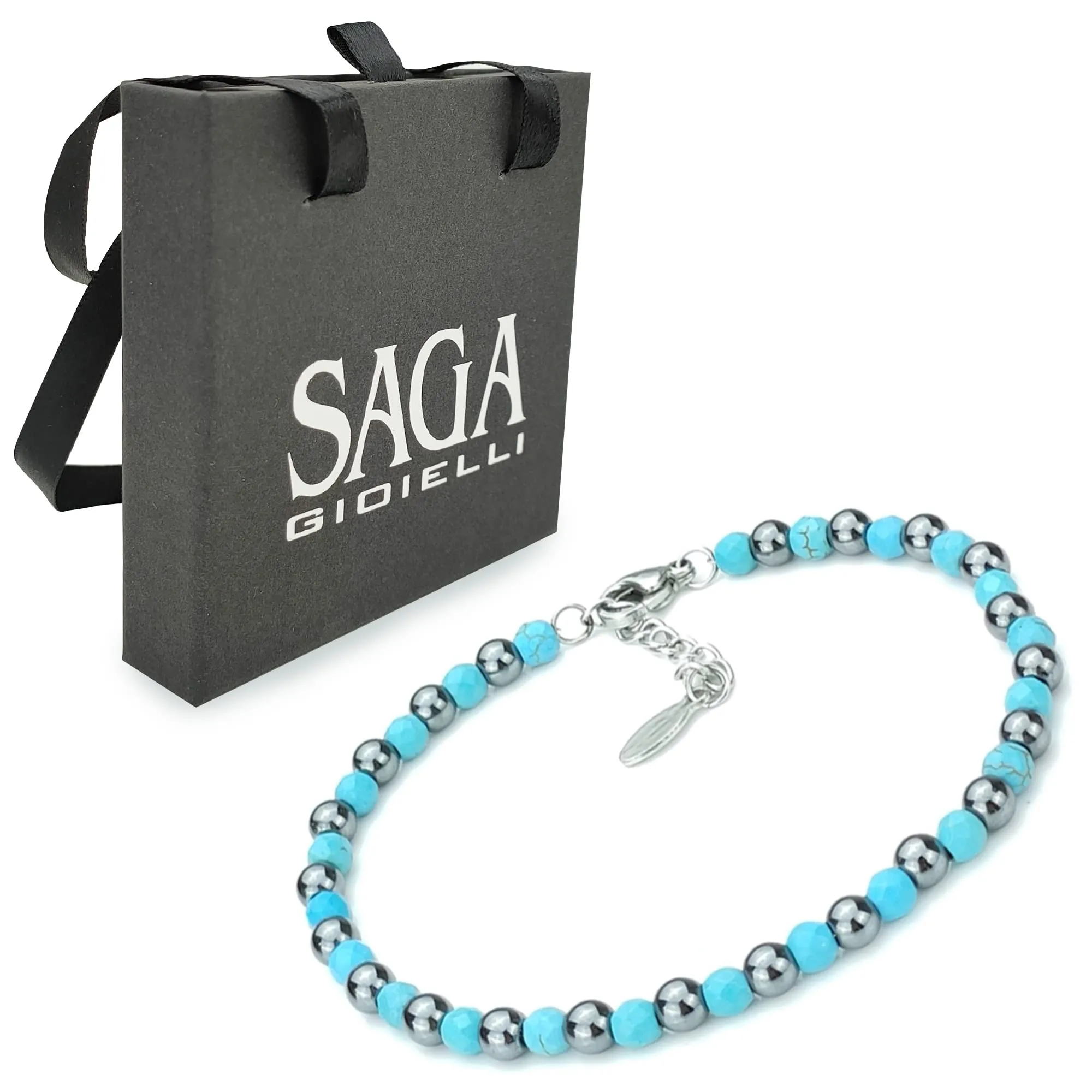 Saga Gioielli Bracciale Unisex Sfere Pietre Dure Acciaio Pasta di Turchese - immagine 1