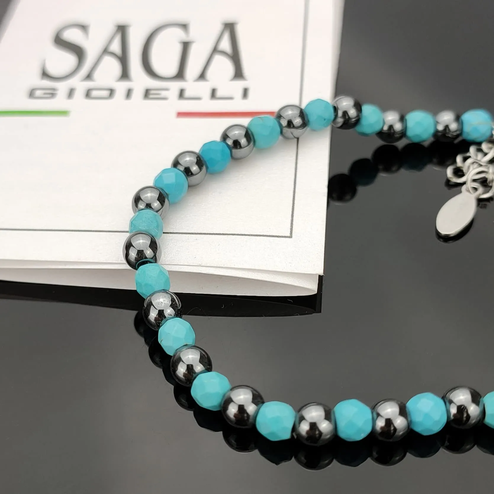 Saga Gioielli Bracciale Unisex Sfere Pietre Dure Acciaio Pasta di Turchese - immagine 2