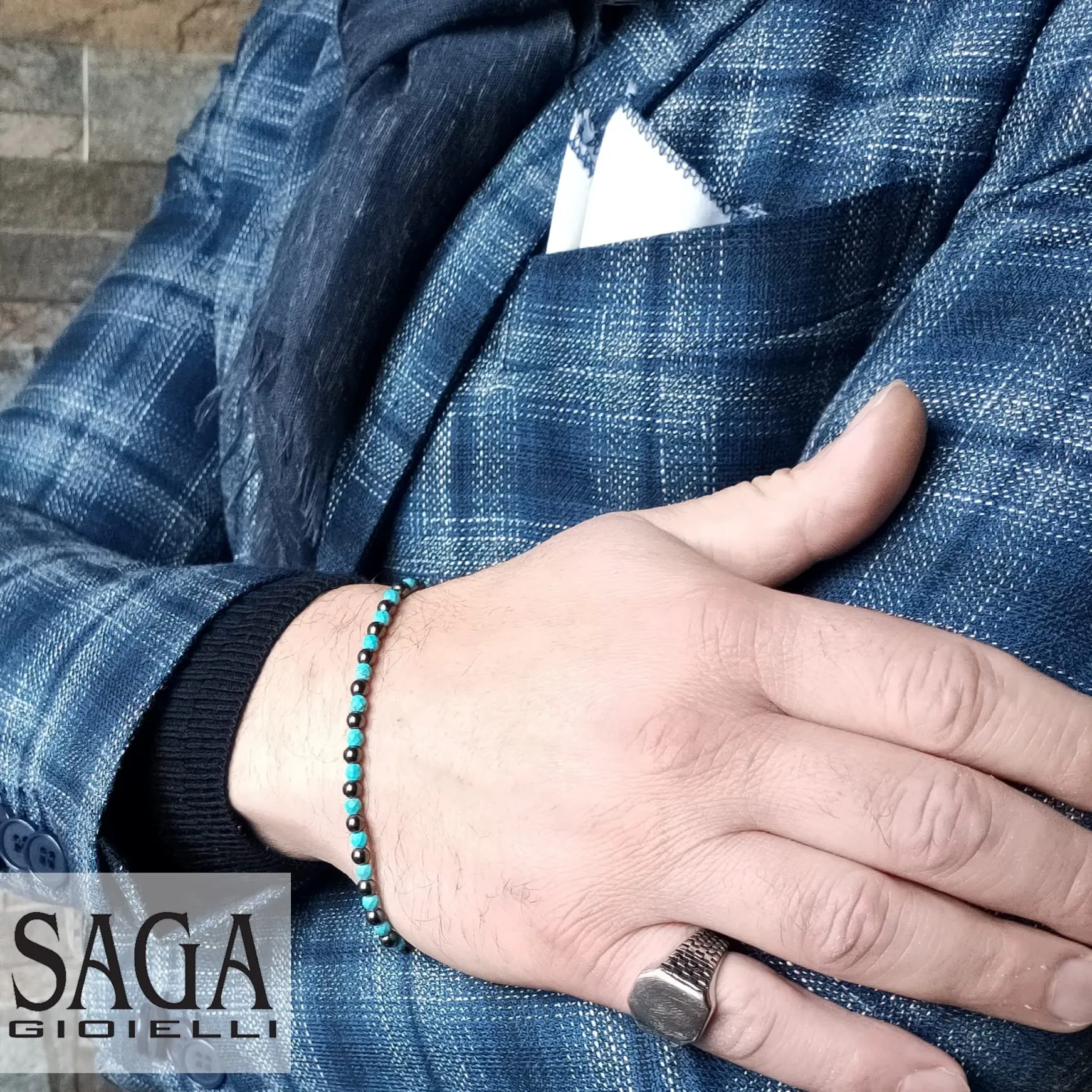 Saga Gioielli Bracciale Unisex Sfere Pietre Dure Acciaio Pasta di Turchese - immagine 5