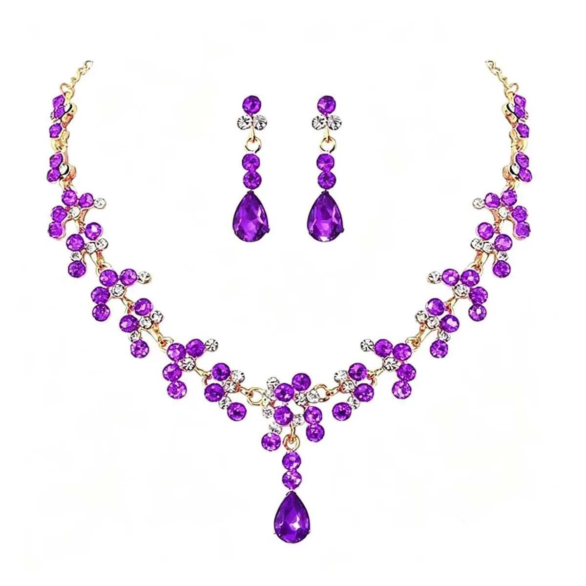 Carufin Bridal Wedding Crystal Necklace and Earrings Set (Viola) - immagine 1