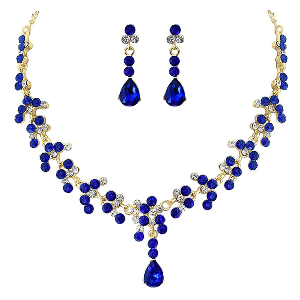 Carufin Bridal Wedding Crystal Necklace and Earrings Set (Blu) - immagine 1