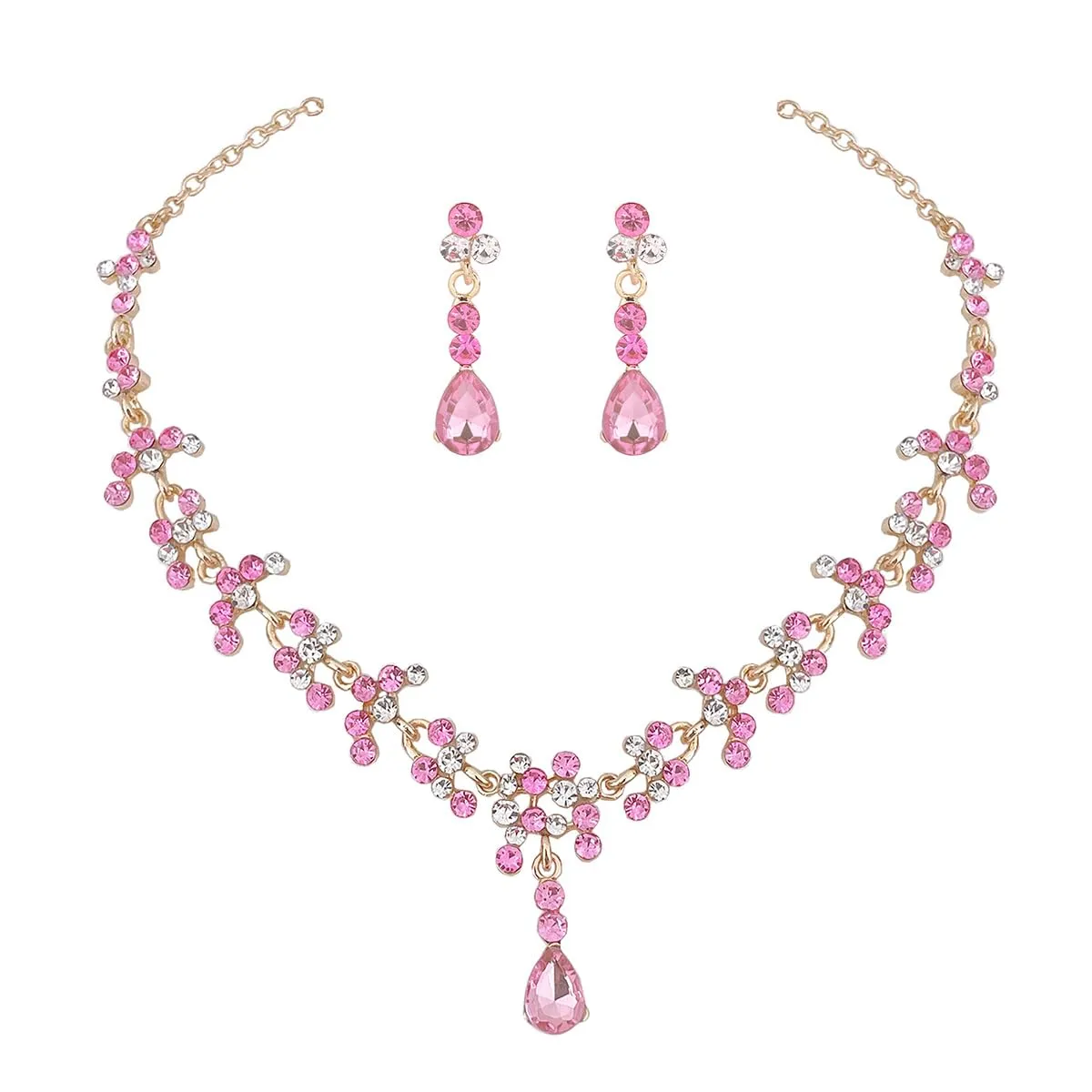 Carufin Bridal Wedding Crystal Necklace and Earrings Set (Rosa) - immagine 1