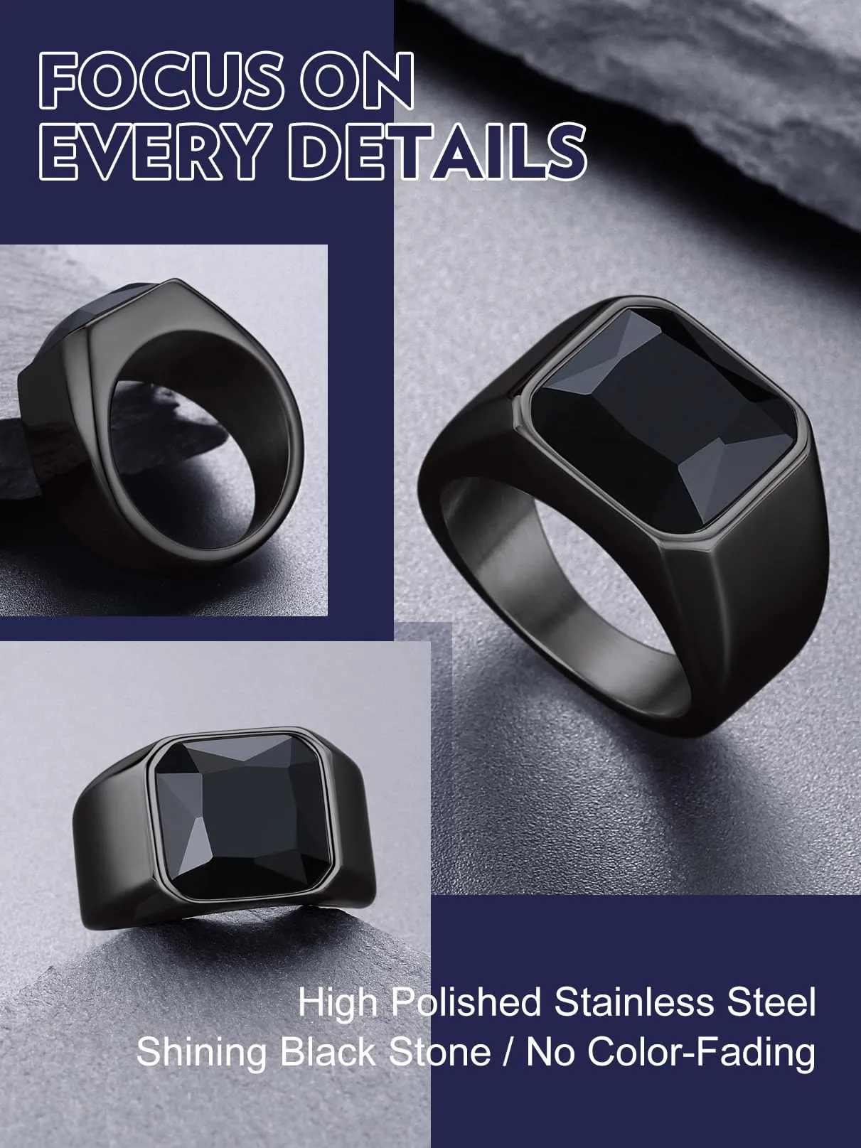 Bandmax Anello in Acciaio Inossidabile Nero con Pietra Onice, Misura 30 (Circonferenza 69.7mm) - immagine 6