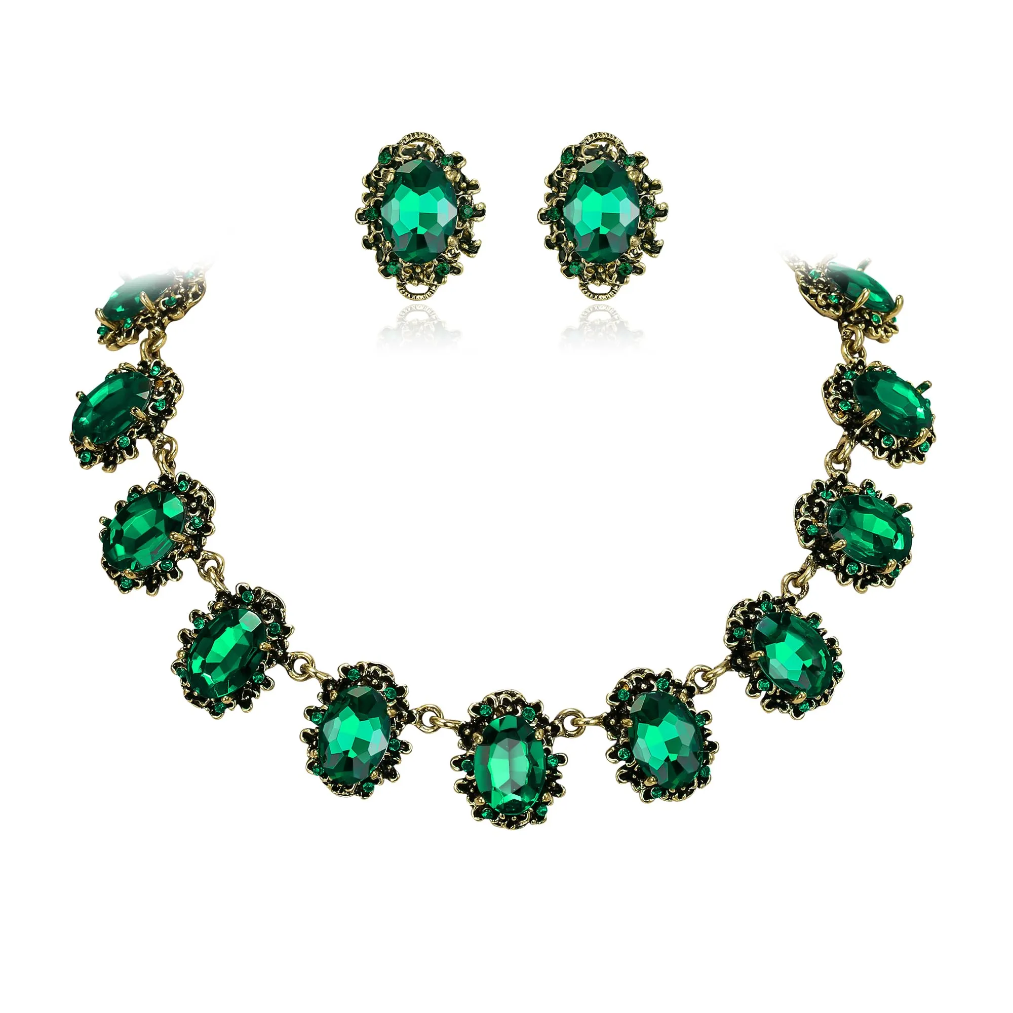 Clearine Set di gioielli in stile vittoriano con cammeo ovale e cristalli, verde smeraldo e oro anticato - immagine 1