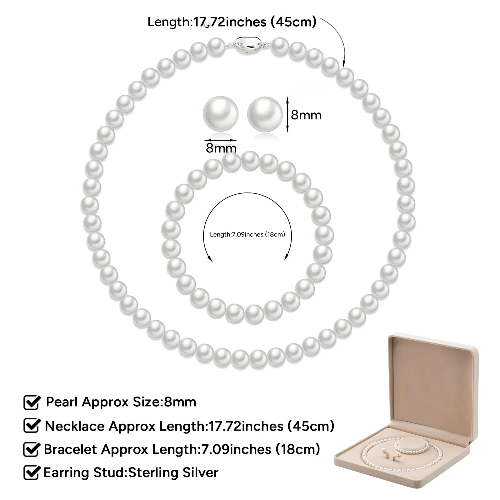 AOWVUTS Set di Gioielli in Perle Coltivate d'Acqua Dolce Bianco e Argento, Collana, Bracciale e Orecchini (8mm) - immagine 7