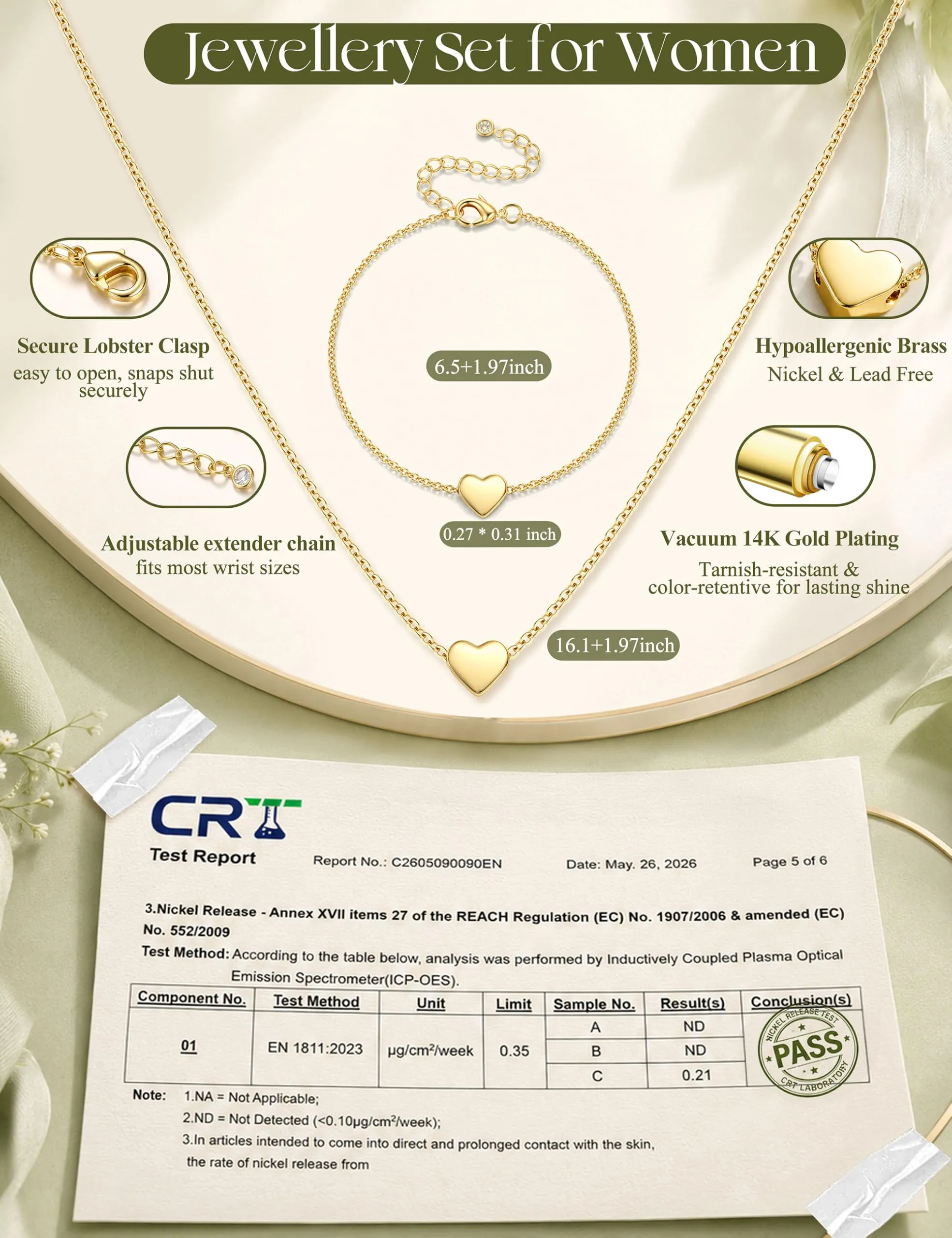 Kakonia Set Collana e Bracciale Donna Ipoallergenico con Pendente Cuore - Oro - G-H - immagine 5