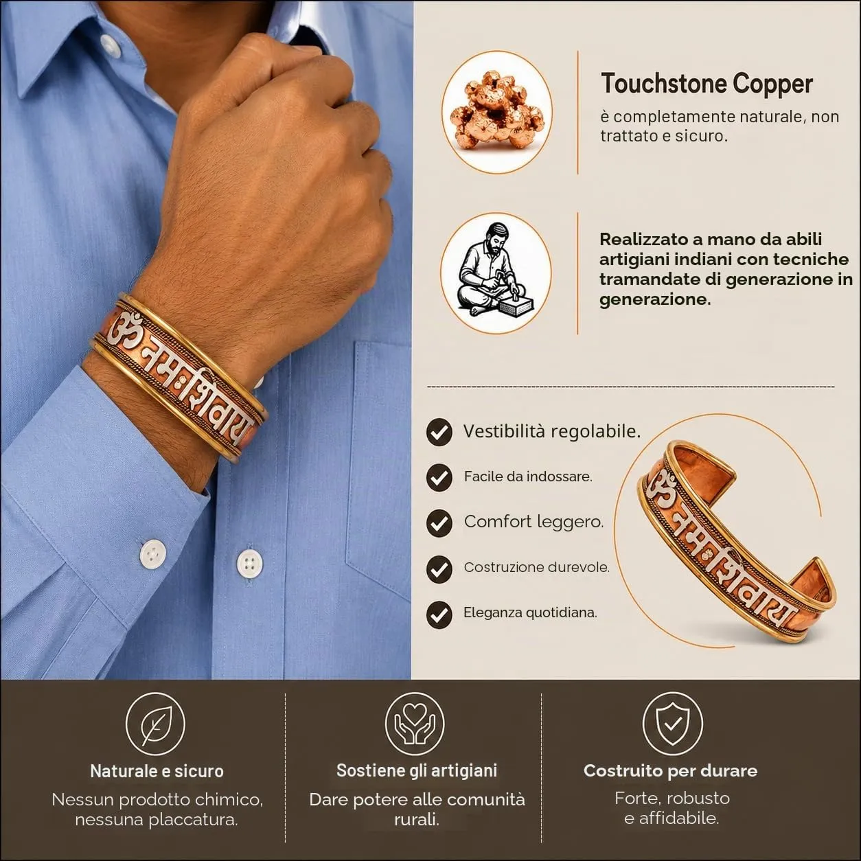 Touchstone Om Namah Shivaya Mantra Copper Bracelet for Women - immagine 2