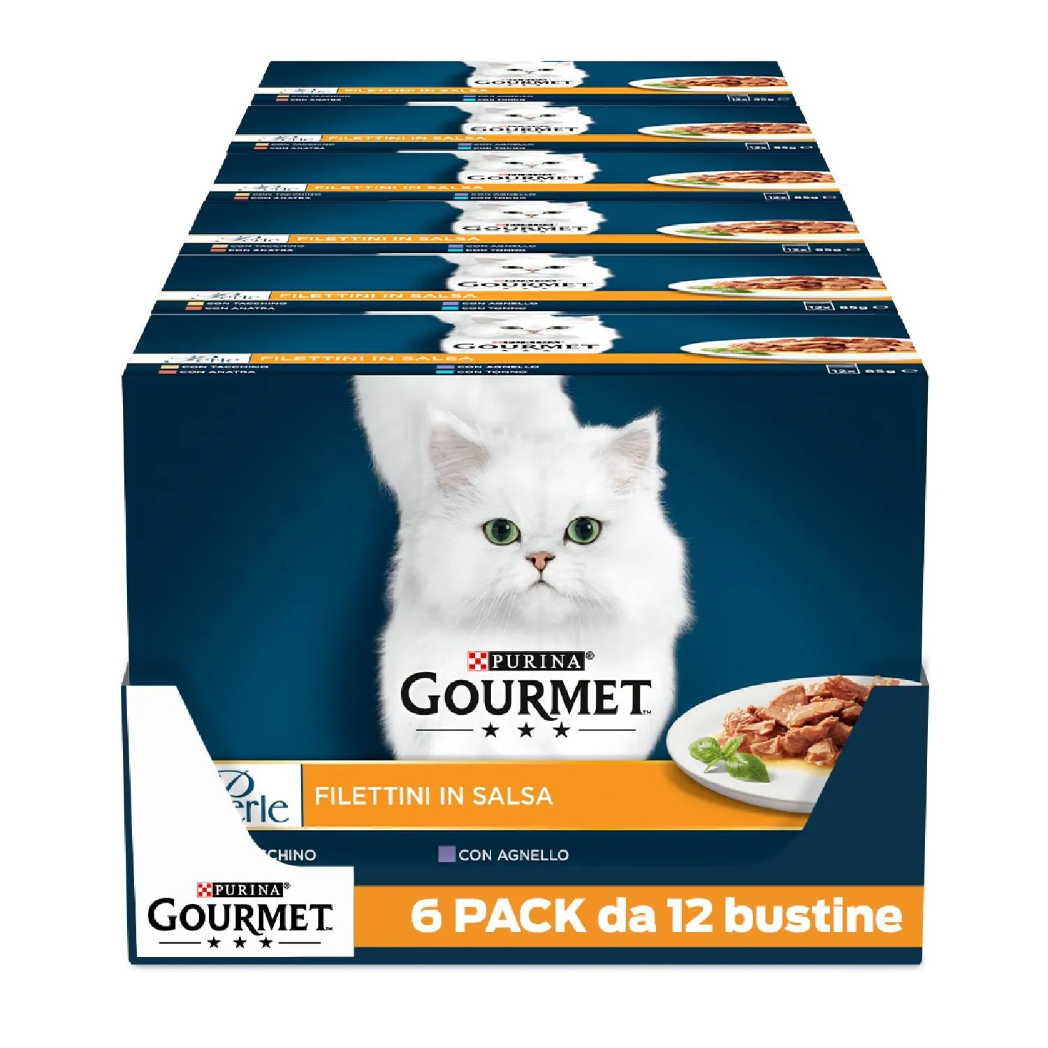 Gourmet Perle Cibo Umido per Gatti Adulti Filettini in Salsa con Tacchino, Tonno, Anatra, Agnello, 72 Buste da 85g - immagine 1