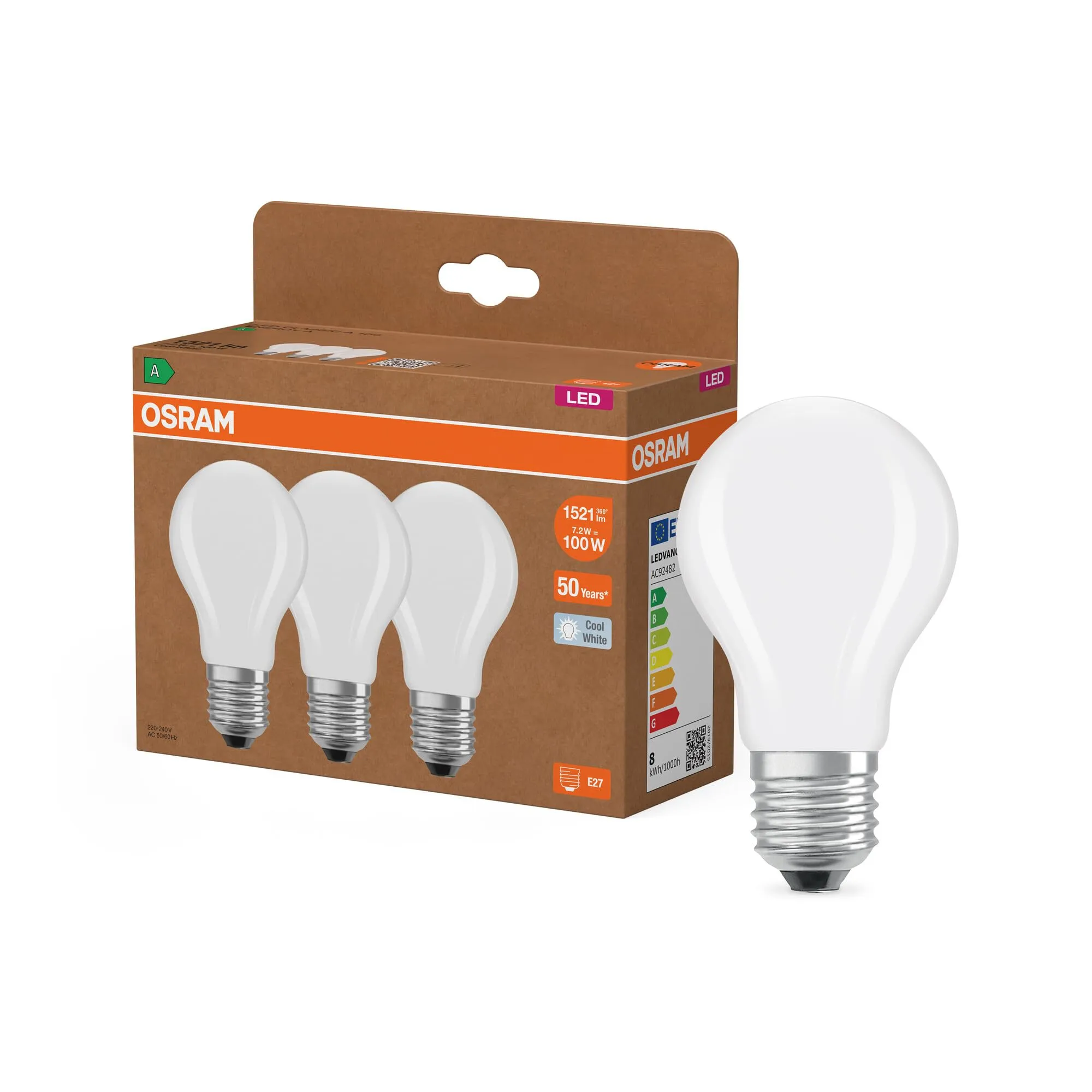 OSRAM LED Classic A100 7,2W 4000K Opaco E27 (Confezione da 3) - immagine 1