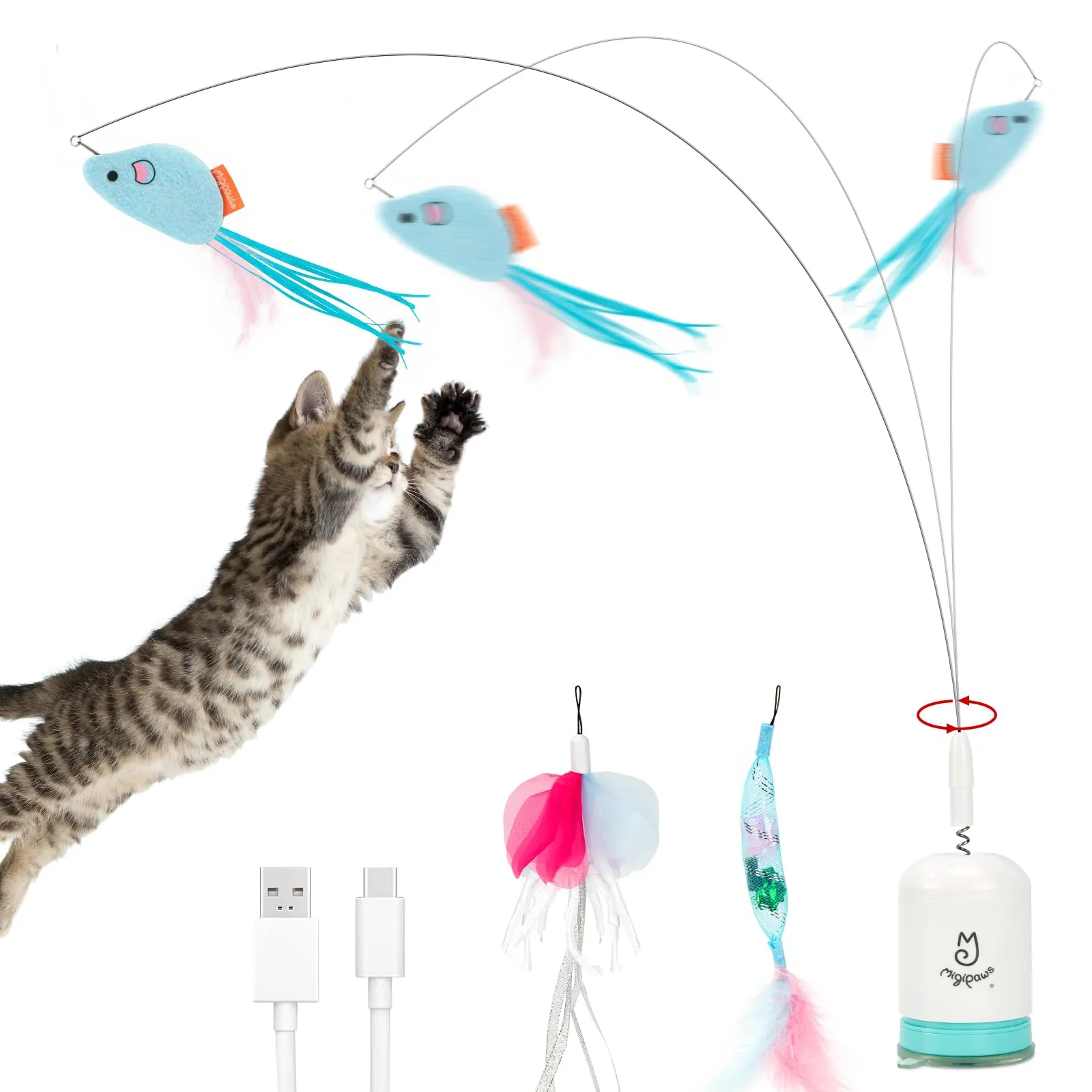 Migipaws Giocattolo Interattivo per Gatti, Filo Flessibile 70 cm, Ventosa Nano Gel, Timer Automatico, Ricaricabile - immagine 1