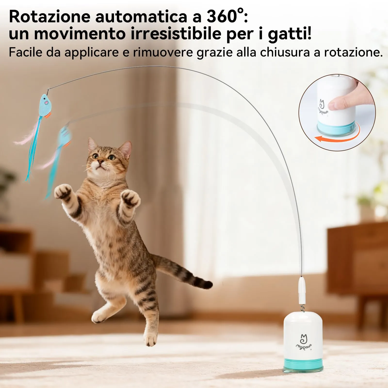 Migipaws Giocattolo Interattivo per Gatti, Filo Flessibile 70 cm, Ventosa Nano Gel, Timer Automatico, Ricaricabile - immagine 2