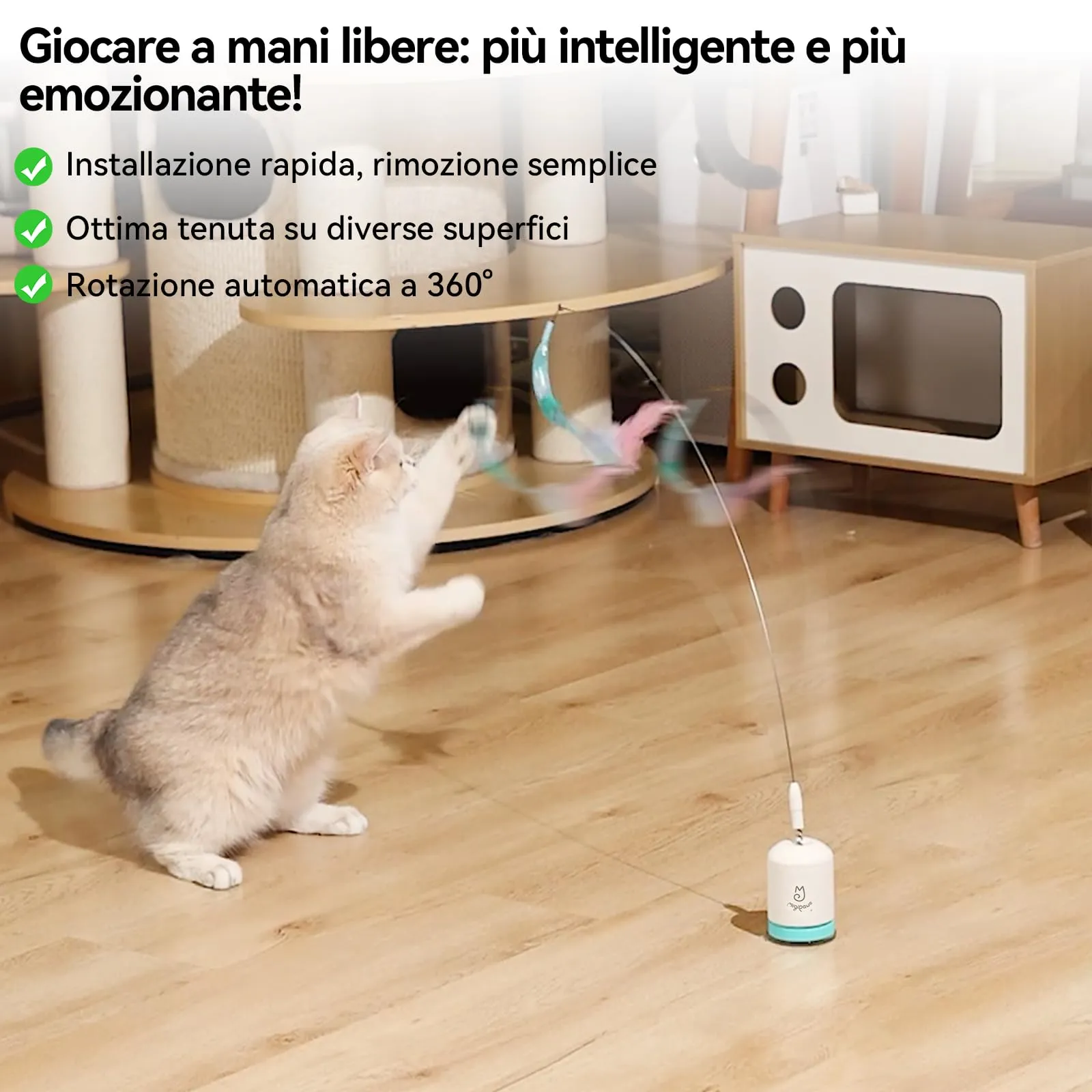 Migipaws Giocattolo Interattivo per Gatti, Filo Flessibile 70 cm, Ventosa Nano Gel, Timer Automatico, Ricaricabile - immagine 5