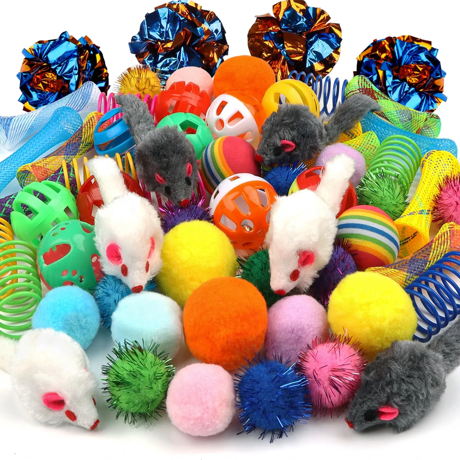 QUOZUO 60 Pezzi Giocattoli per Gatti con Palline a Spirale, Palle Scintillanti, Topi e Molle - immagine 1