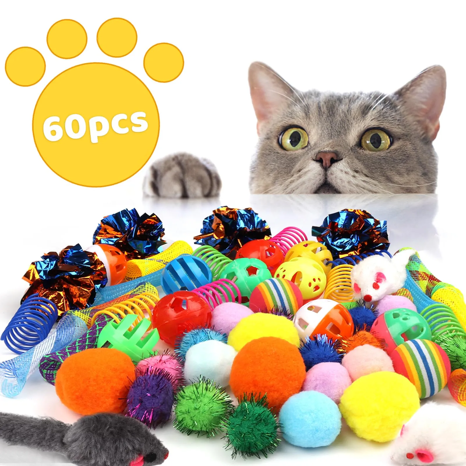 QUOZUO 60 Pezzi Giocattoli per Gatti con Palline a Spirale, Palle Scintillanti, Topi e Molle - immagine 3