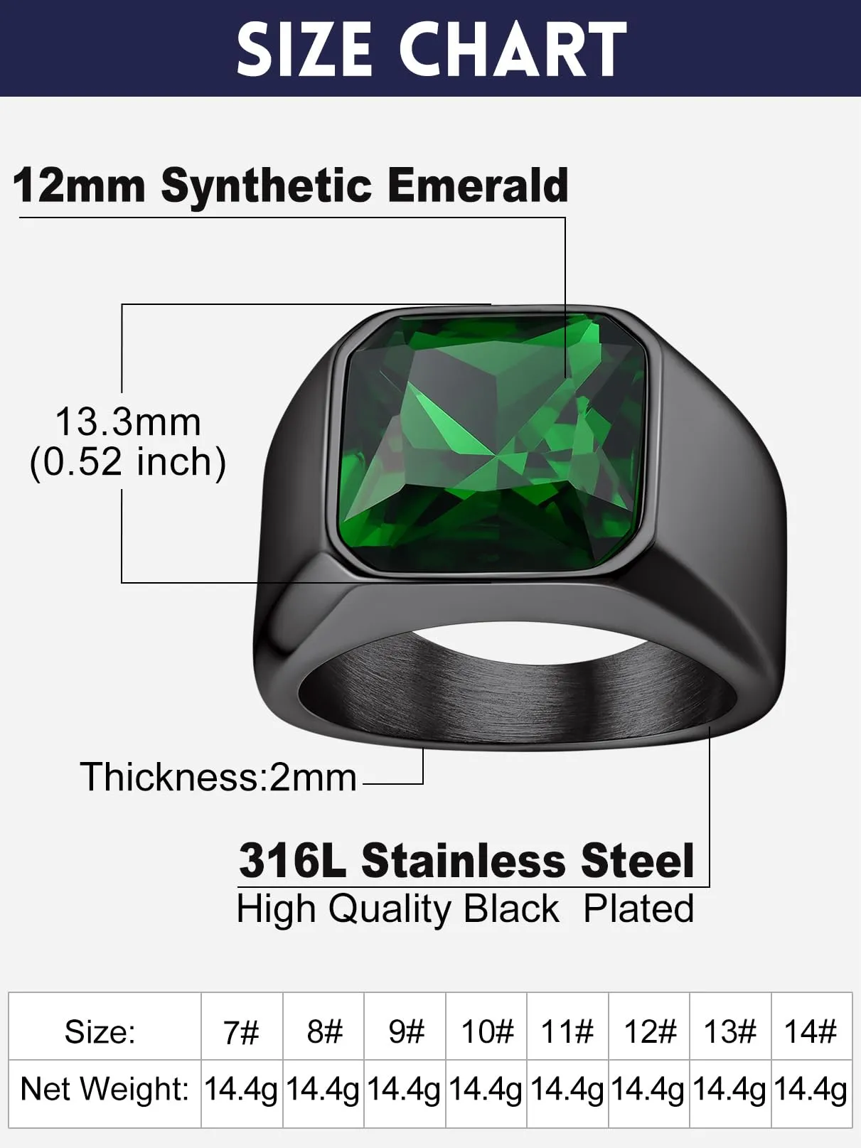Bandmax Anello in Acciaio Inossidabile Nero con Pietra Smeraldo, Misura 14.5 (Circonferenza 54.4mm) - immagine 6