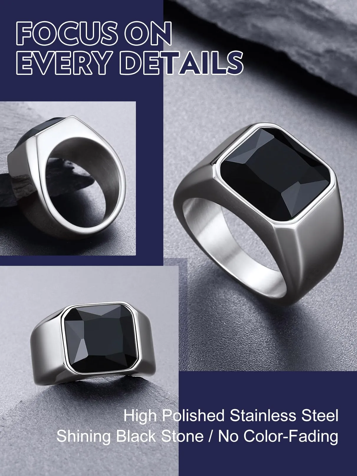 Bandmax Anello in Acciaio Inossidabile con Pietra Onice Nero, Misura 22.25 (Circonferenza 62.1mm) - immagine 7