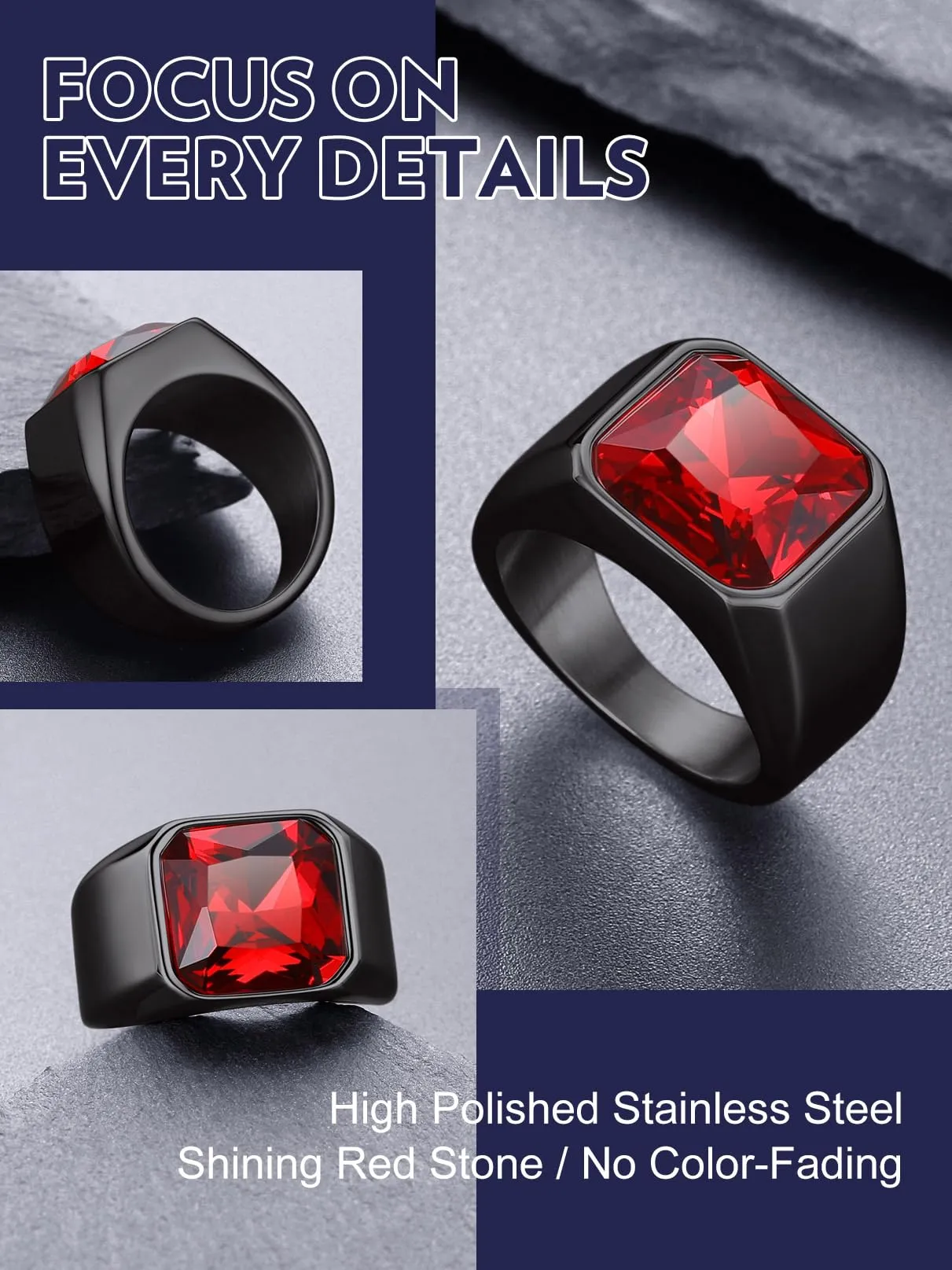 Bandmax Anello in Acciaio Inossidabile Nero con Pietra Rubino, Misura 27.5 (67.2mm) - immagine 6