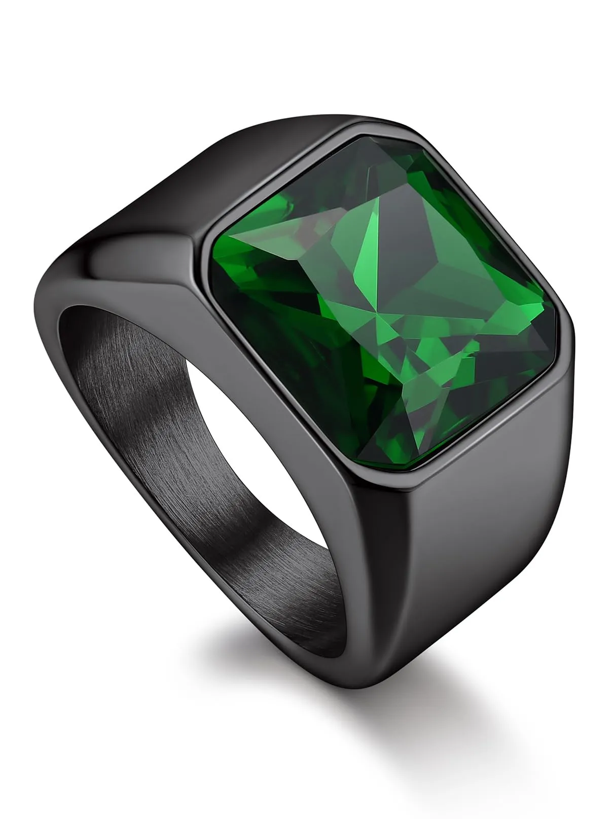 Bandmax Anello in Acciaio Inossidabile Nero con Pietra Smeraldo, Misura 19.75 Circonferenza 59.5mm - immagine 1