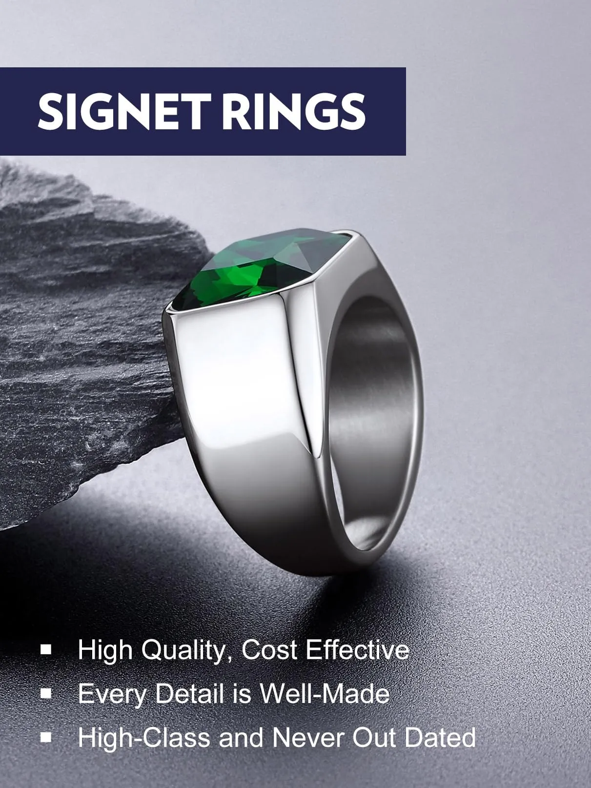 Bandmax Anello in Acciaio Inossidabile Nero con Pietra Smeraldo, Misura 19.75 Circonferenza 59.5mm - immagine 7