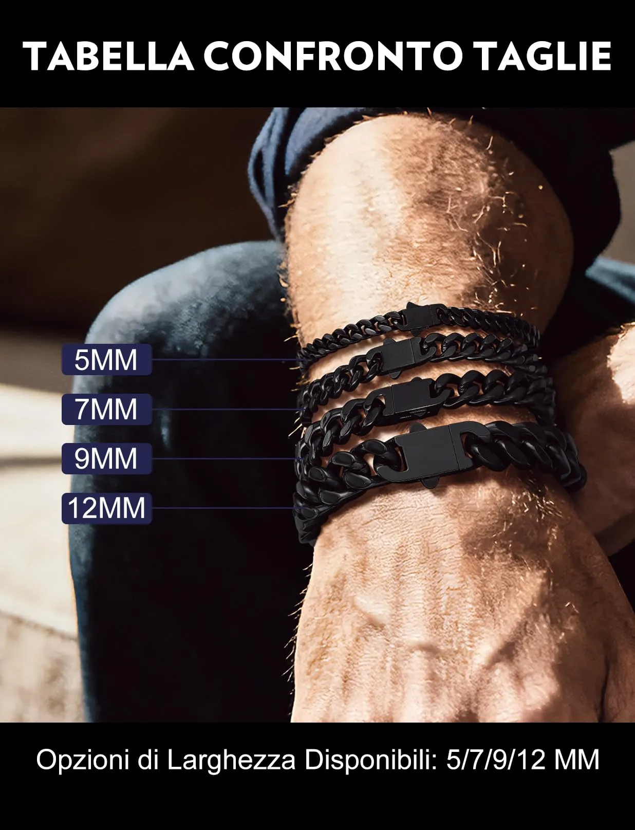 Bandmax Bracciale a Catena Cubana in Acciaio Inossidabile Placcato Nero, 12mm x 21cm - immagine 6