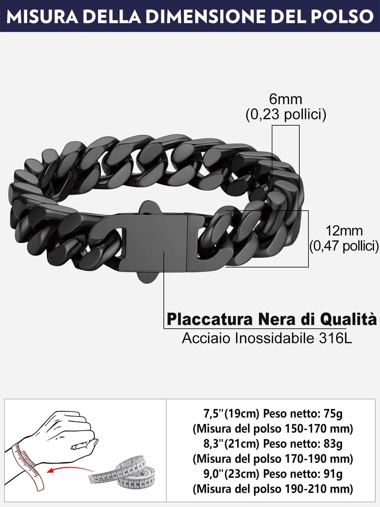 Bandmax Bracciale a Catena Cubana in Acciaio Inossidabile Placcato Nero, 12mm x 21cm - immagine 7