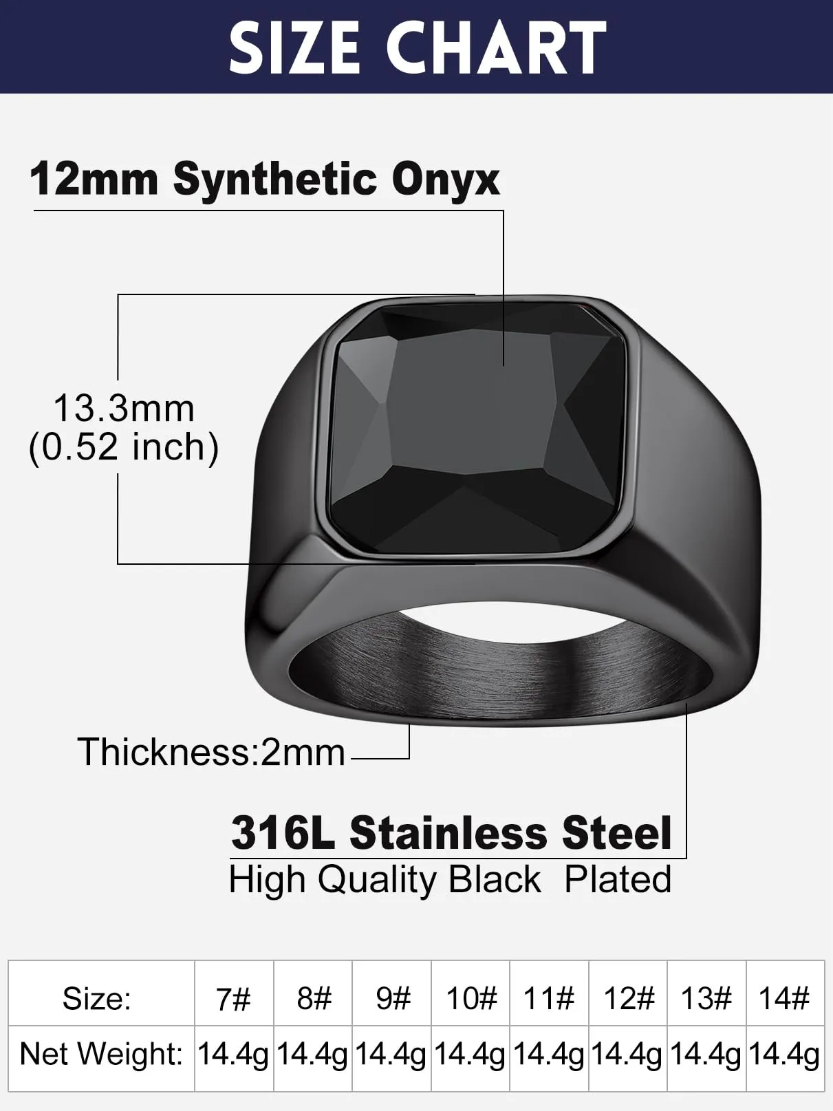 Bandmax Anello in Acciaio Inossidabile con Pietra Onice Nero, Misura 27.5 (Circonferenza 67.2mm) - immagine 5