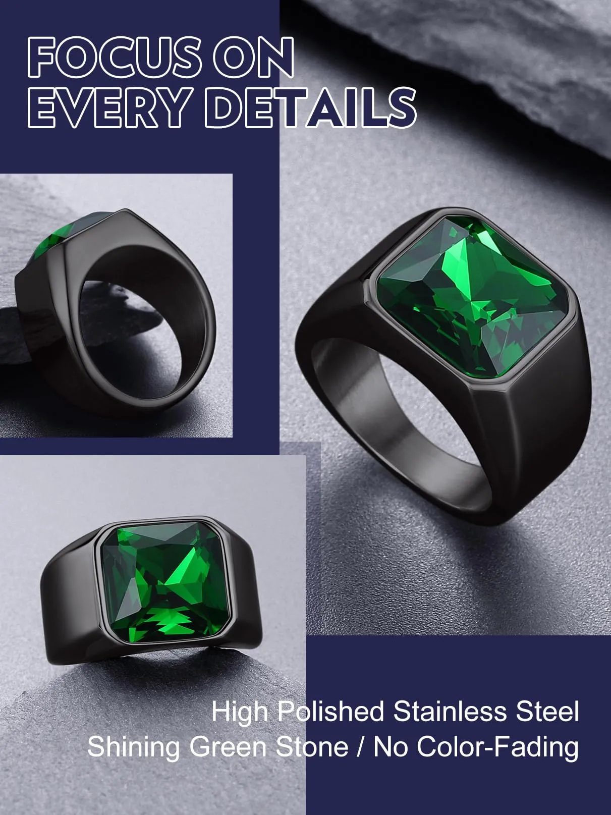 Bandmax Anello in Acciaio Inossidabile Nero con Pietra Smeraldo, Misura 22.25 Circonferenza 62.1mm - immagine 4