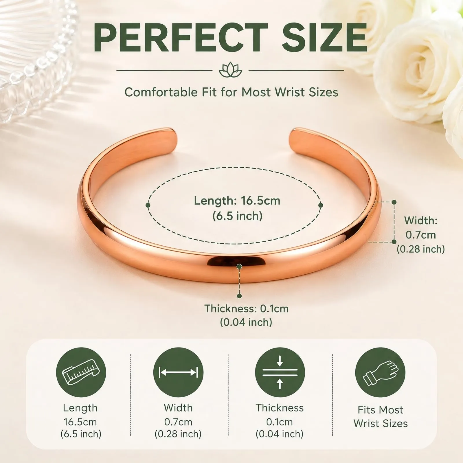 BioMag Bracciale in rame massiccio 99,99% regolabile per donna, Finitura liscia, Oro rosa - immagine 2