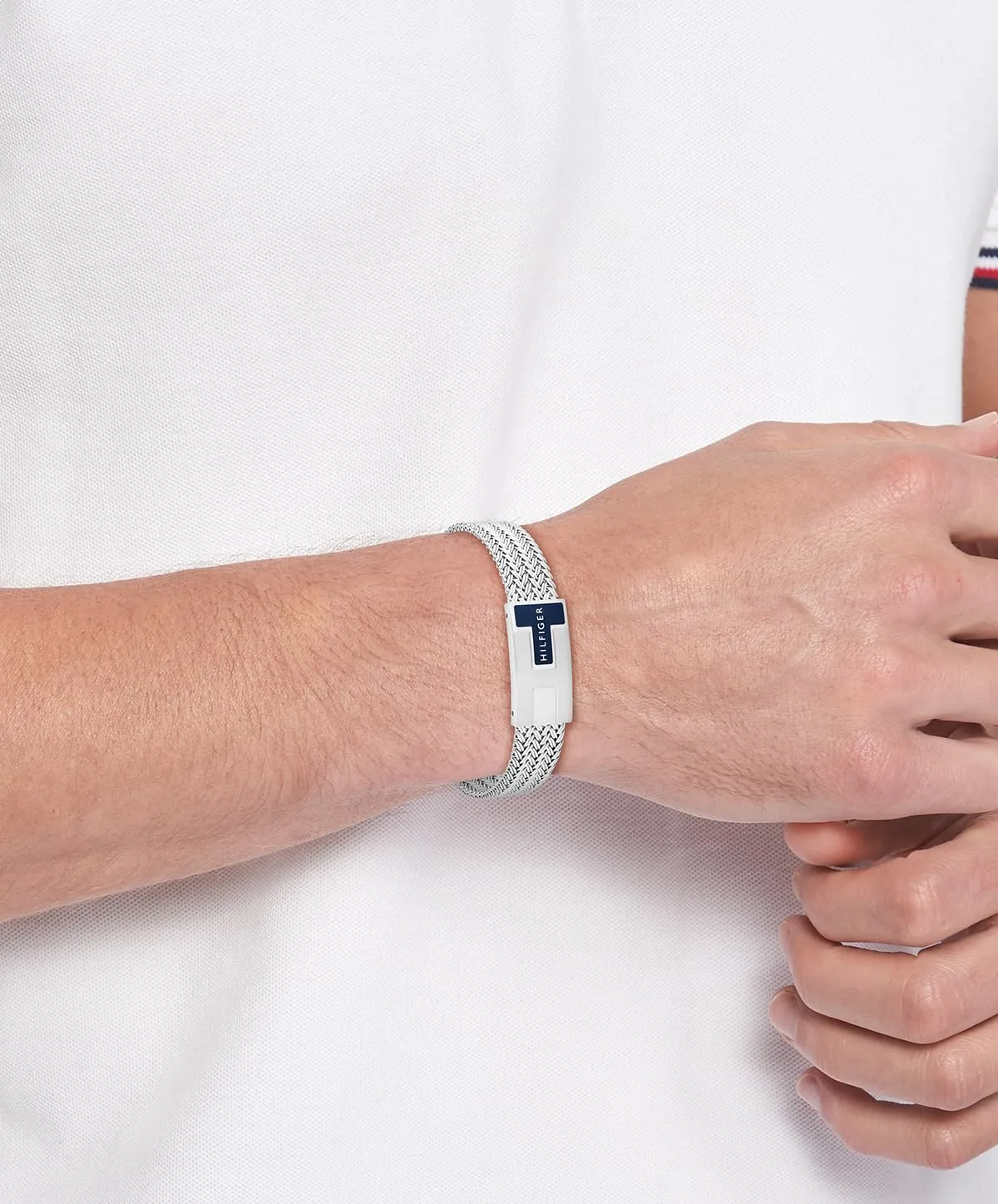 Bracciale uomo Tommy Hilfiger in maglia milanese in acciaio inossidabile argentato, regolabile, 2790705 - immagine 2