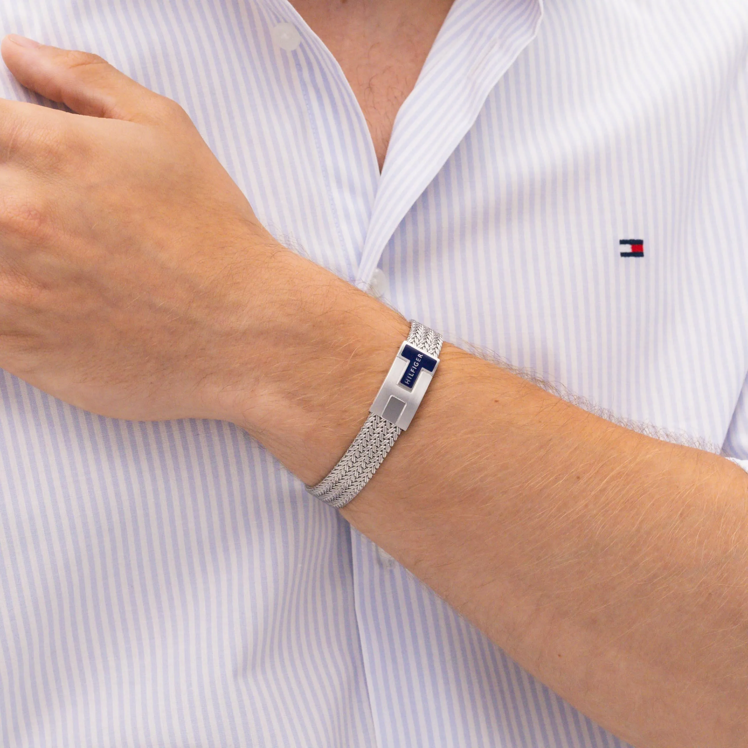 Bracciale uomo Tommy Hilfiger in maglia milanese in acciaio inossidabile argentato, regolabile, 2790705 - immagine 4