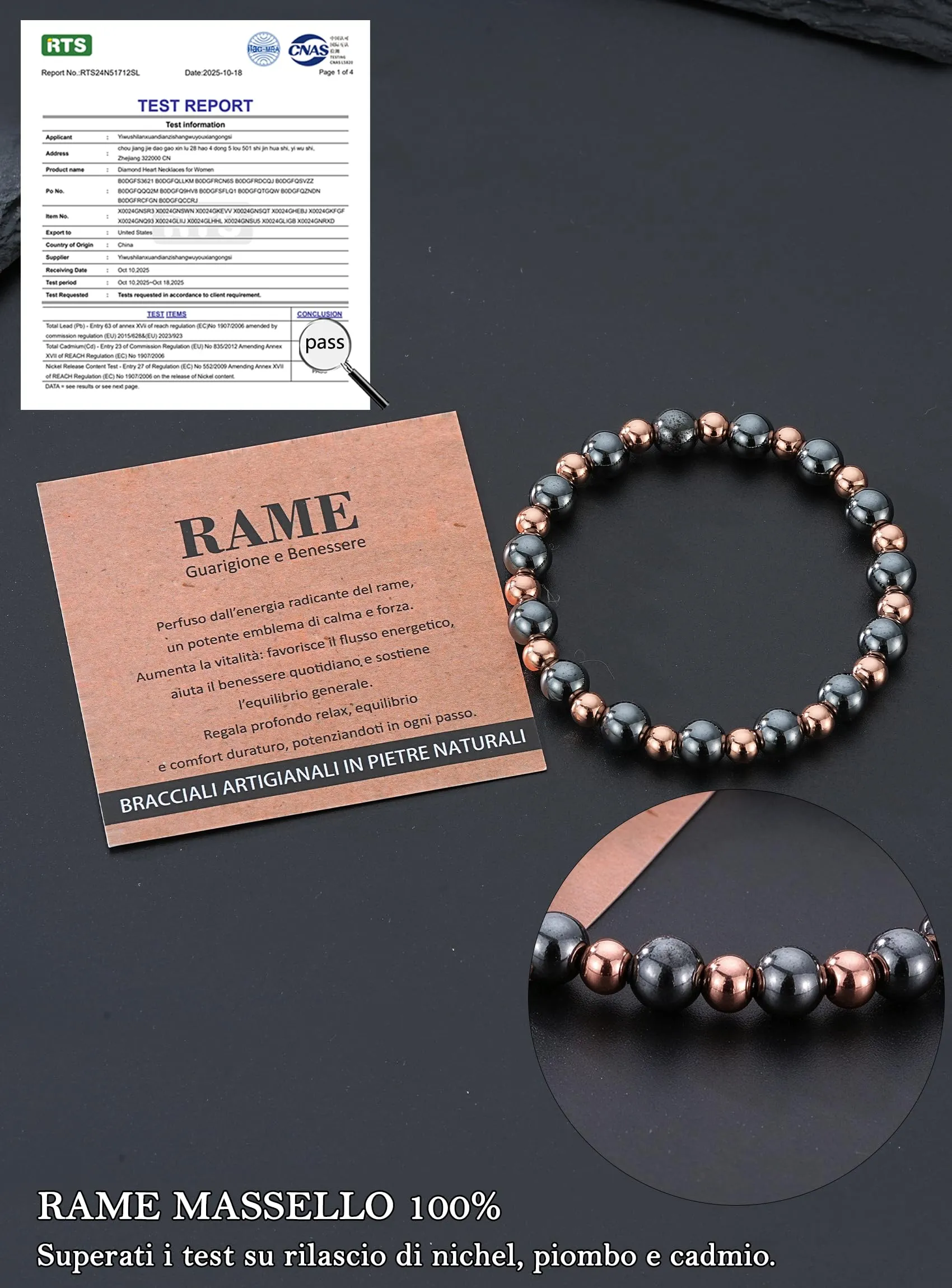 Rajputana Bracciale in Rame Puro ed Ematite per Uomo e Donna, Elastico Regolabile - immagine 5