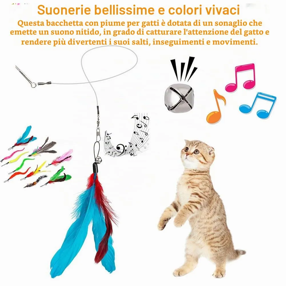 HOTMNTY Set Giocattolo per Gatti con Bacchetta Retrattile, 2 Canne e 10 Ricambi con Piume e Campanelli - immagine 3