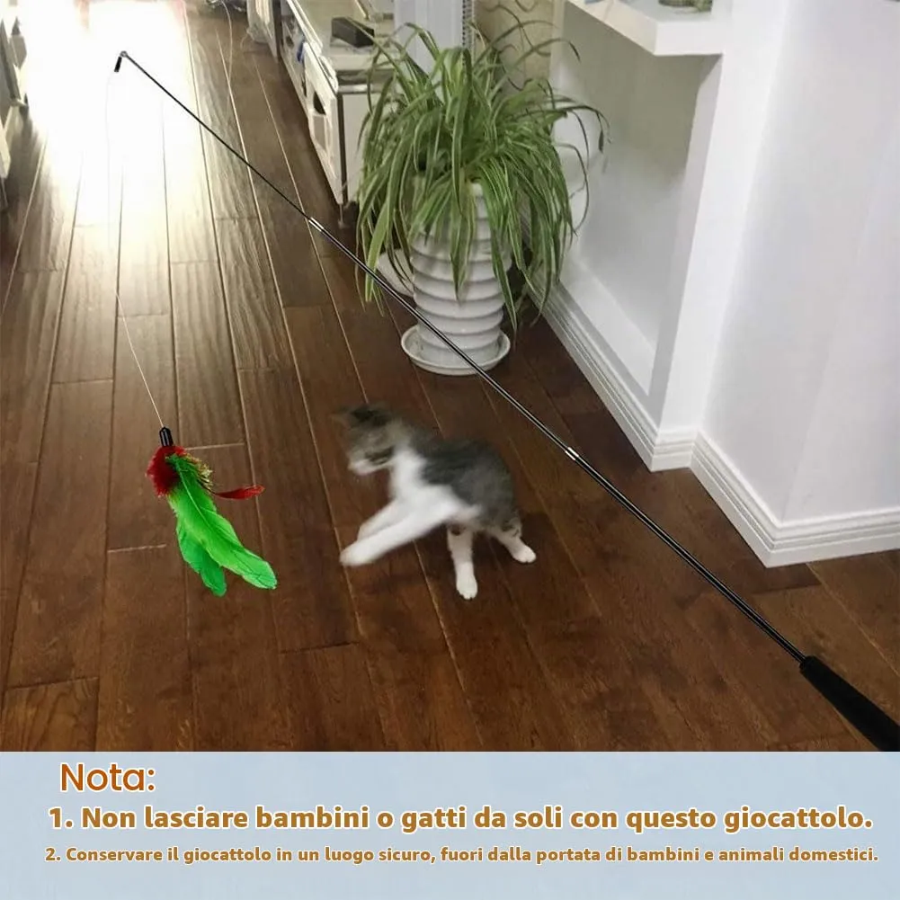 HOTMNTY Set Giocattolo per Gatti con Bacchetta Retrattile, 2 Canne e 10 Ricambi con Piume e Campanelli - immagine 6