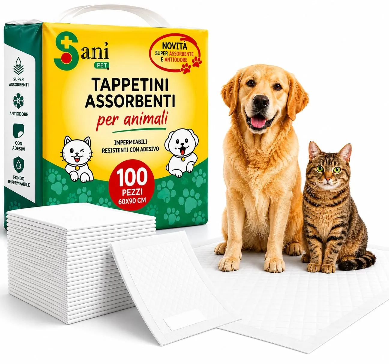 Sani Pet Traversine per Cani e Gatti 60x90, 100 Pezzi, Tappetini Igienici Adesivi Extra Assorbenti con Fondo Impermeabile - immagine 1
