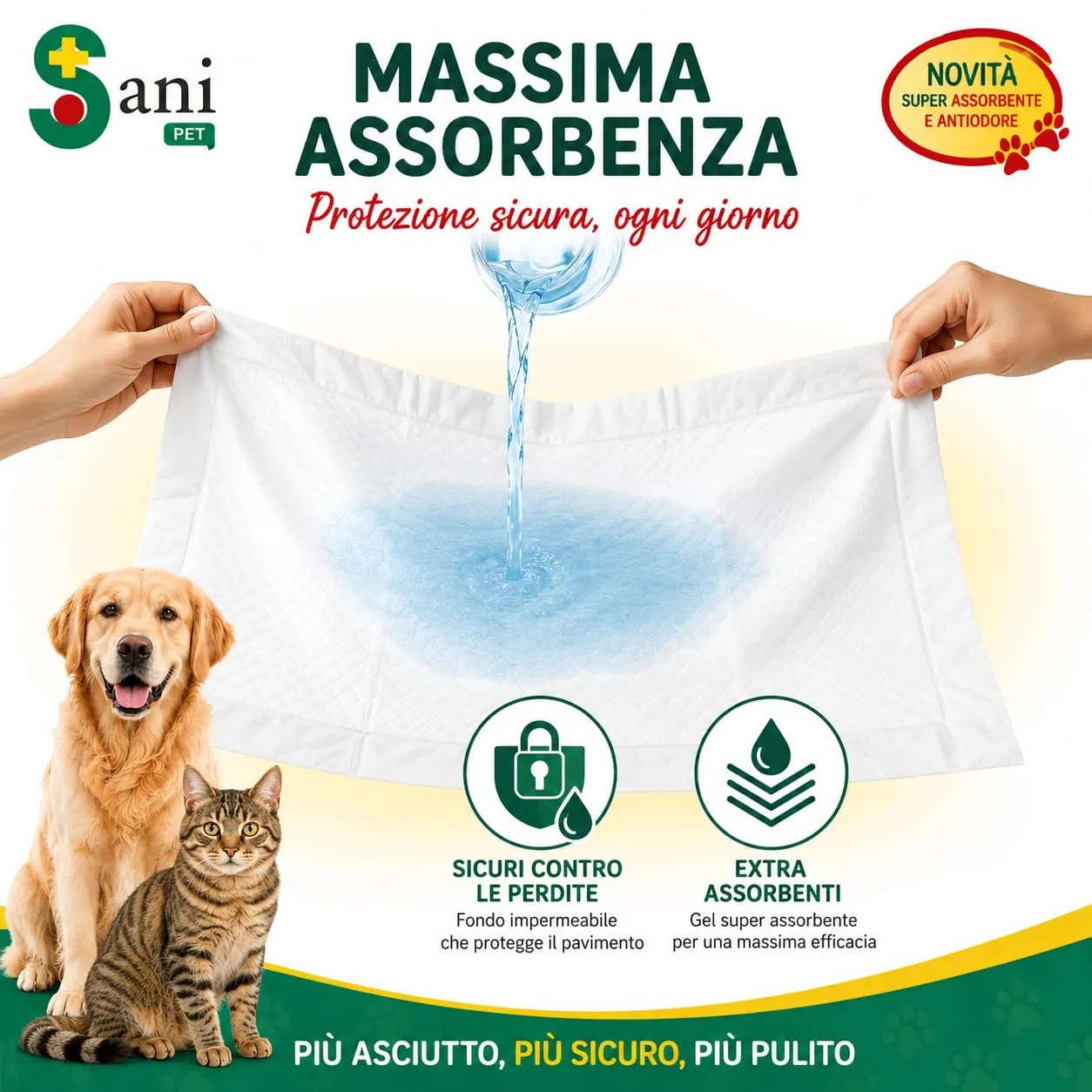 Sani Pet Traversine per Cani e Gatti 60x90, 100 Pezzi, Tappetini Igienici Adesivi Extra Assorbenti con Fondo Impermeabile - immagine 2