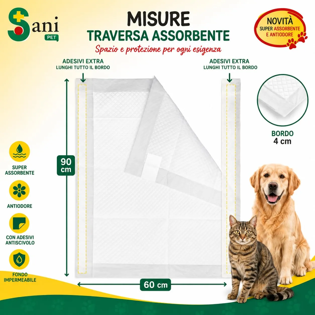 Sani Pet Traversine per Cani e Gatti 60x90, 100 Pezzi, Tappetini Igienici Adesivi Extra Assorbenti con Fondo Impermeabile - immagine 5