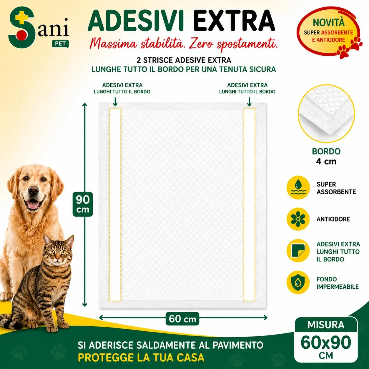 Sani Pet Traversine per Cani e Gatti 60x90, 100 Pezzi, Tappetini Igienici Adesivi Extra Assorbenti con Fondo Impermeabile - immagine 6