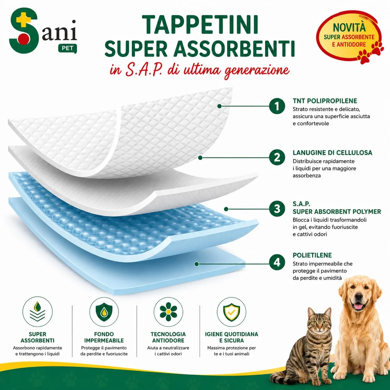 Sani Pet Traversine per Cani e Gatti 60x90, 100 Pezzi, Tappetini Igienici Adesivi Extra Assorbenti con Fondo Impermeabile - immagine 8