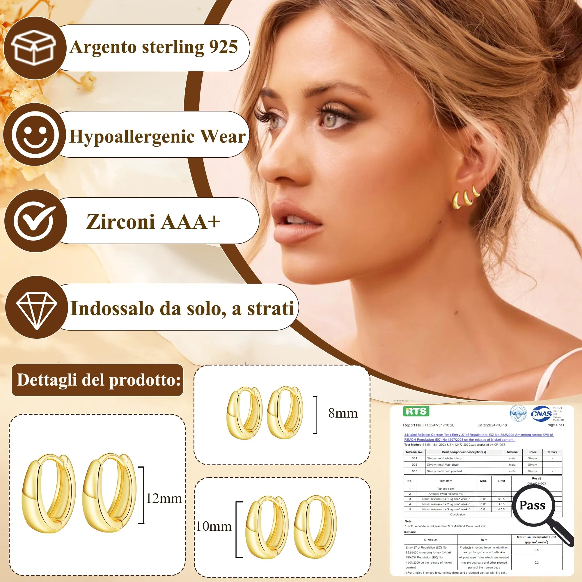 Rajputana Set di 3 Paia di Orecchini a Cerchio in Argento Dorato per Donna - immagine 2
