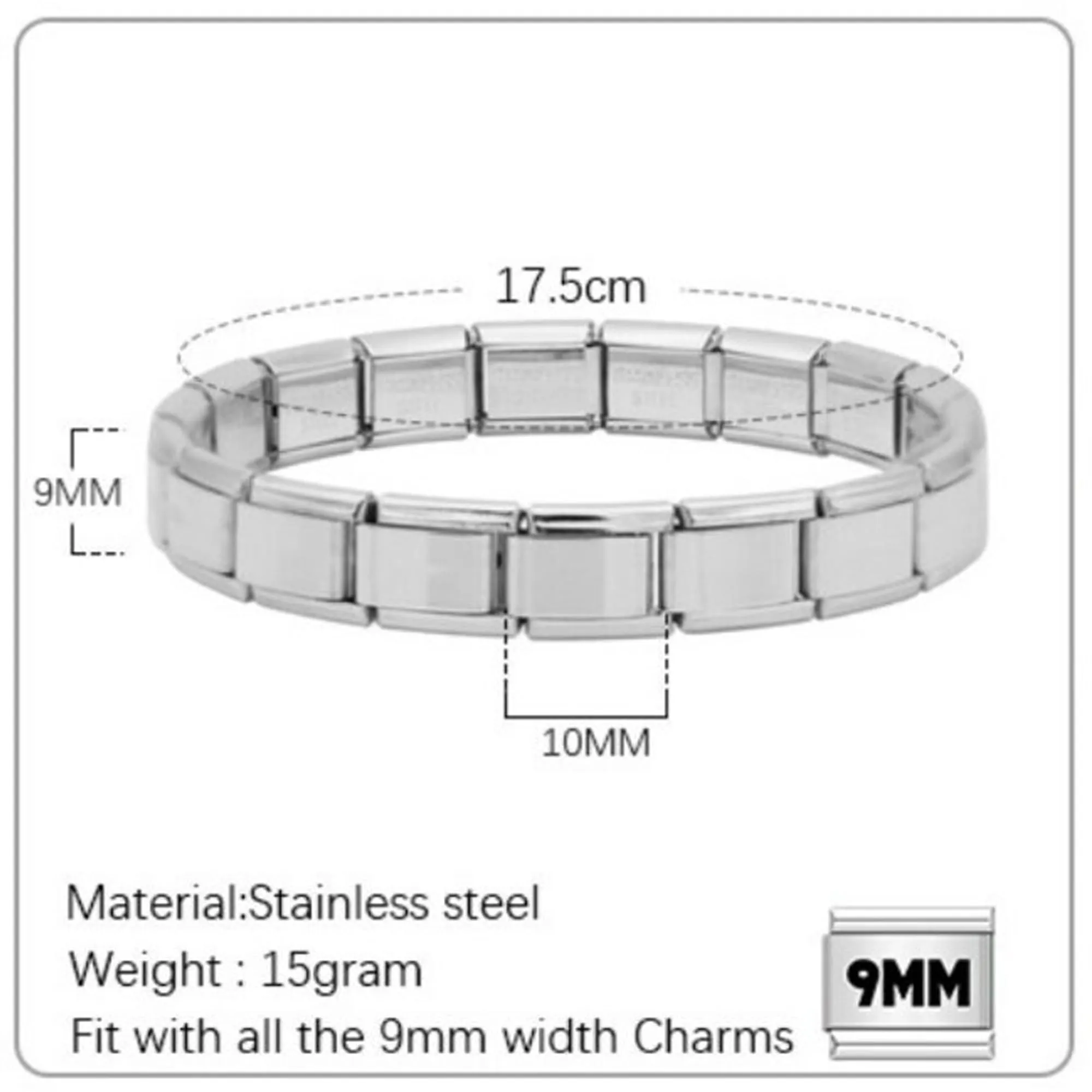 Quiges Bracciale in acciaio inox dorato 9 mm per moduli di charm italiani, Gemma - immagine 2