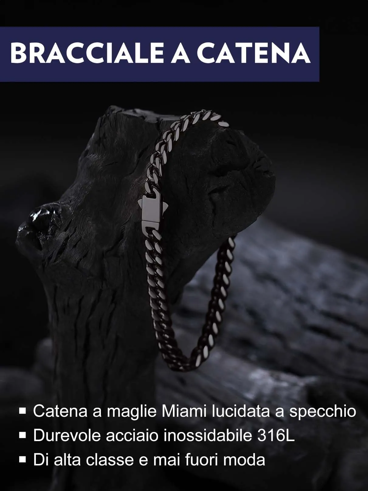Bandmax Bracciale a Catena Cubana in Acciaio Inossidabile Placcato Nero, 5 mm x 19 cm - immagine 4